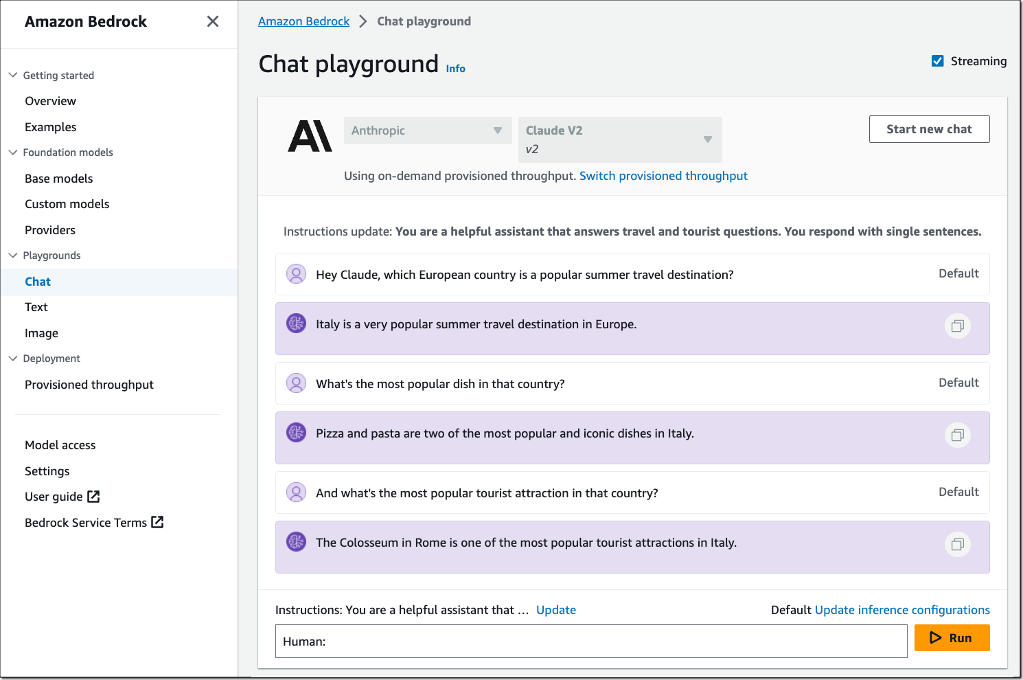 Console Amazon Bedrock — Chat playground