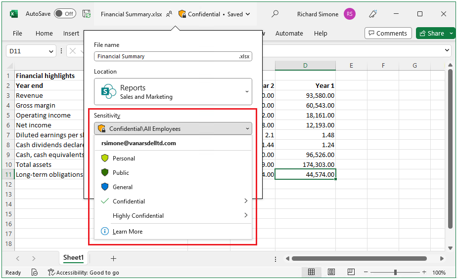 INTERFACCIA REALE · SENSITIVITY LABEL IN EXCEL · FONTE: MICROSOFT LEARN