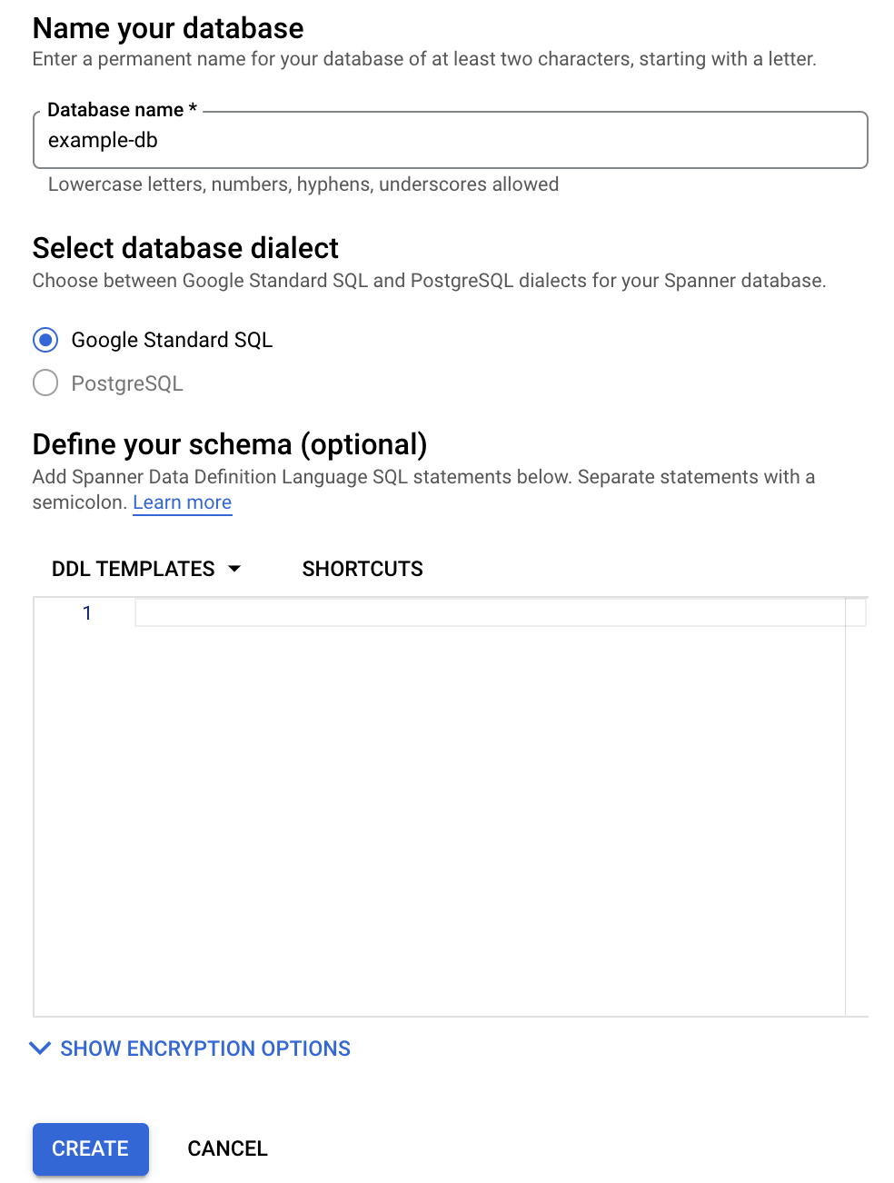 CONSOLE REALE · CREAZIONE DATABASE SPANNER · FONTE: GOOGLE CLOUD DOCS