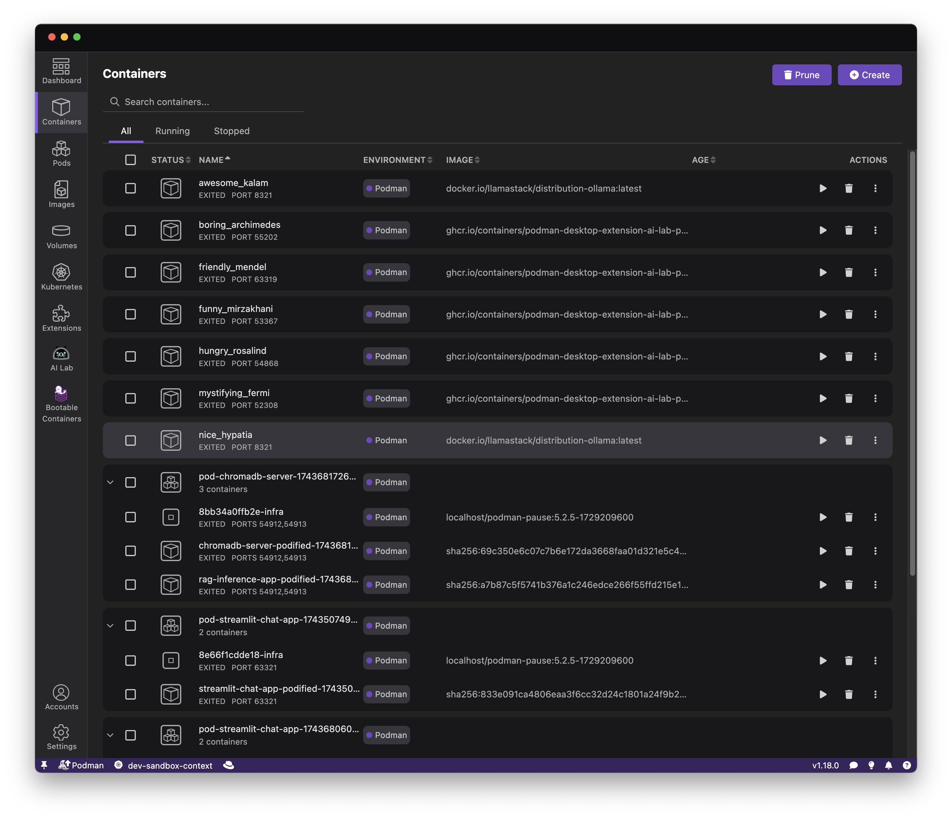 INTERFACCIA REALE · PODMAN DESKTOP · FONTE: PODMAN