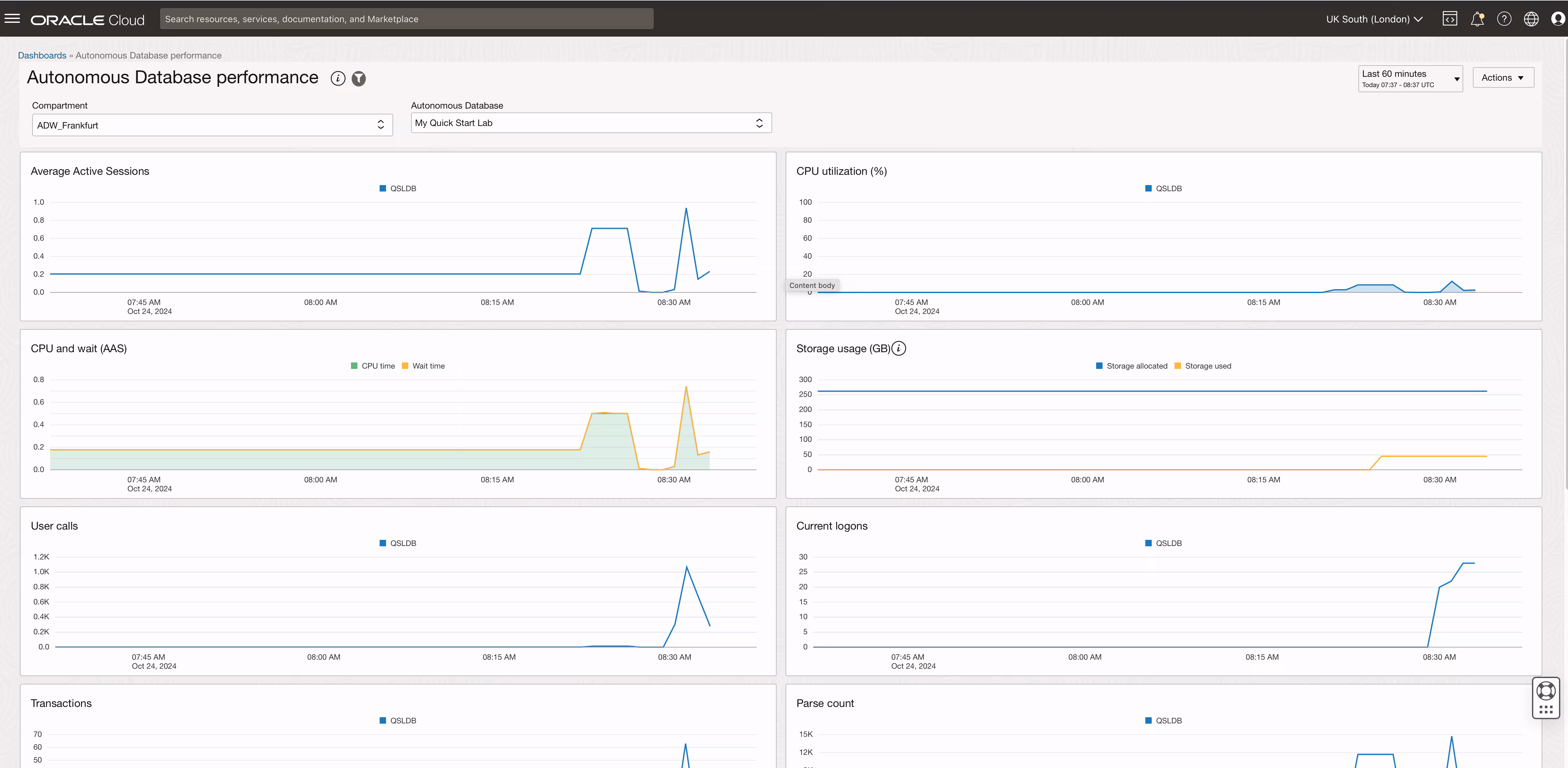 CONSOLE OCI REALE · MONITORAGGIO AUTONOMOUS · FONTE: ORACLE BLOG