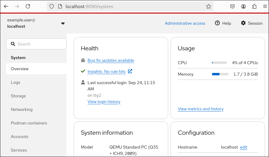 CONSOLE REALE · RHEL WEB CONSOLE (COCKPIT) · FONTE: RED HAT DOCS