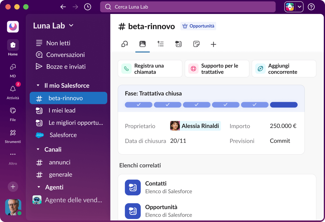 INTERFACCIA REALE · SLACK CON CANALE SALESFORCE · FONTE: SLACK